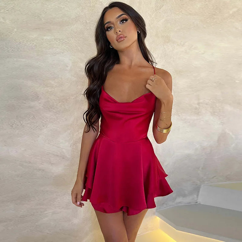 2026 Summer Sexy Cami Satin Women Dress Cross Tie-Up Backless Solid Cowl Neck Sleeveless Short Dresses
