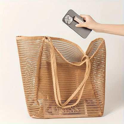 Women's Large Capacity Beach Tote Bag - Durable Polyester Woven Shoulder Bag with Open Top for Travel, Shopping