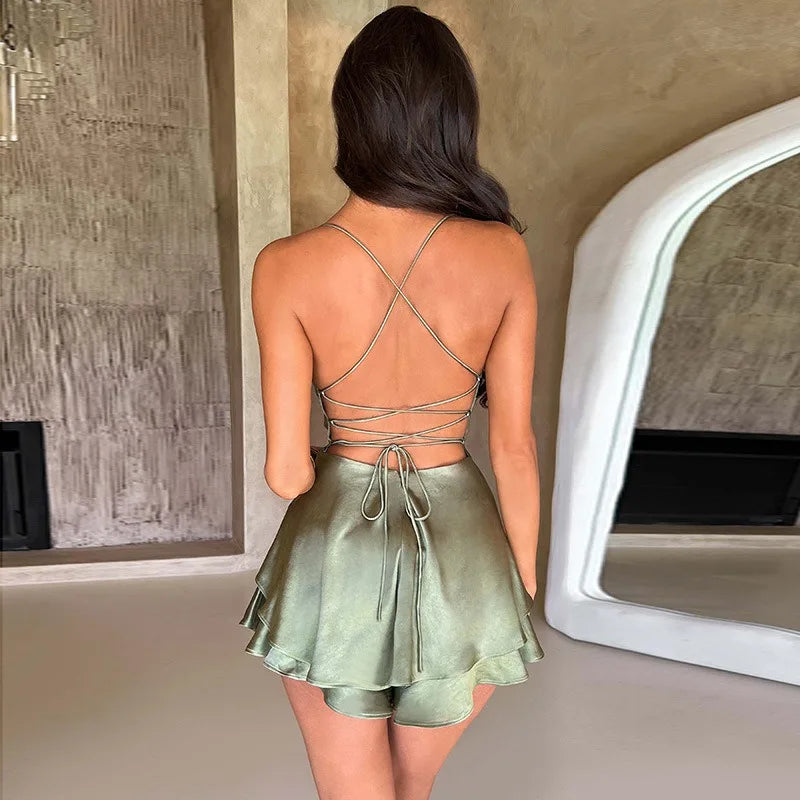 2026 Summer Sexy Cami Satin Women Dress Cross Tie-Up Backless Solid Cowl Neck Sleeveless Short Dresses